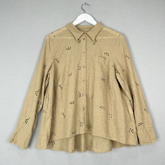 Madeleine Top Womens 14 Tan Eyelet Button Down Shirt Floral Embroidered Cotton - Picture 1 of 10